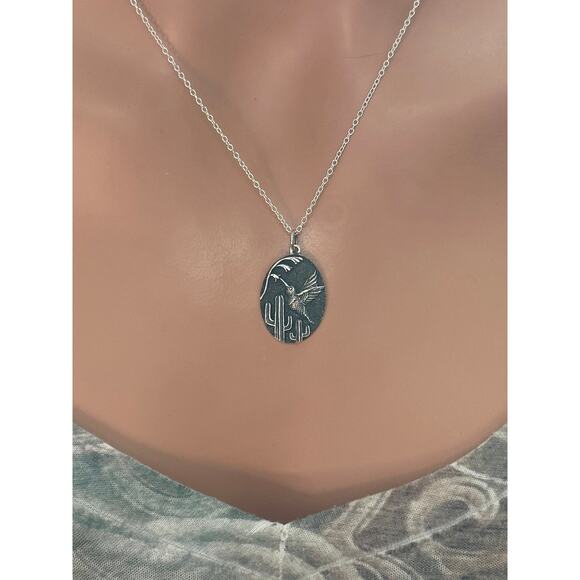 Sterling Silver Humming Bird and Cactus Pendant Necklace - Picture 2 of 5